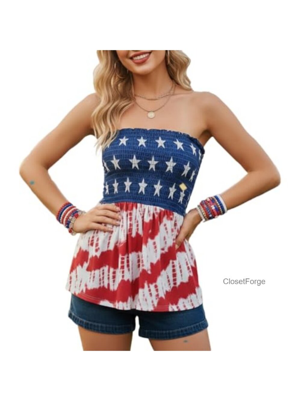 American Flag Strapless Bandeau Tank Top Sleeveless Ruffled Tube Patriotic